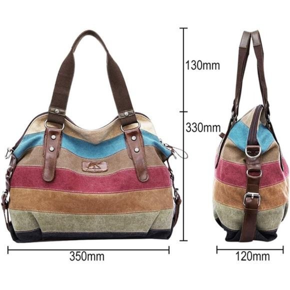 Canvas Handbag Multi-Color Striped Lattice Cross Body Shoulder Purse Bag Tote - Picture 4 of 6